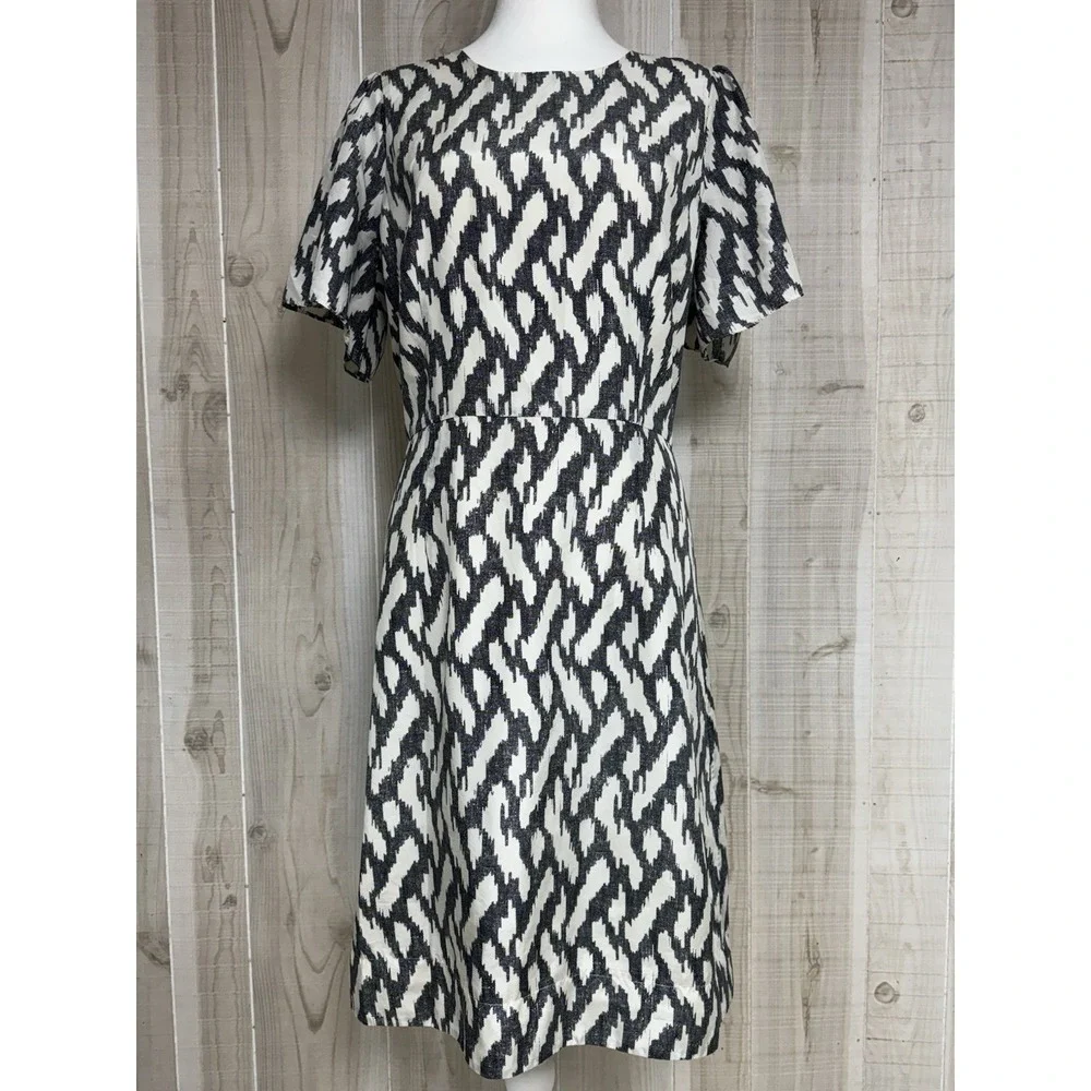 J Crew Women's Black Ivory Silk Ikat Flutter Sleeve Career Dress 12T Classic